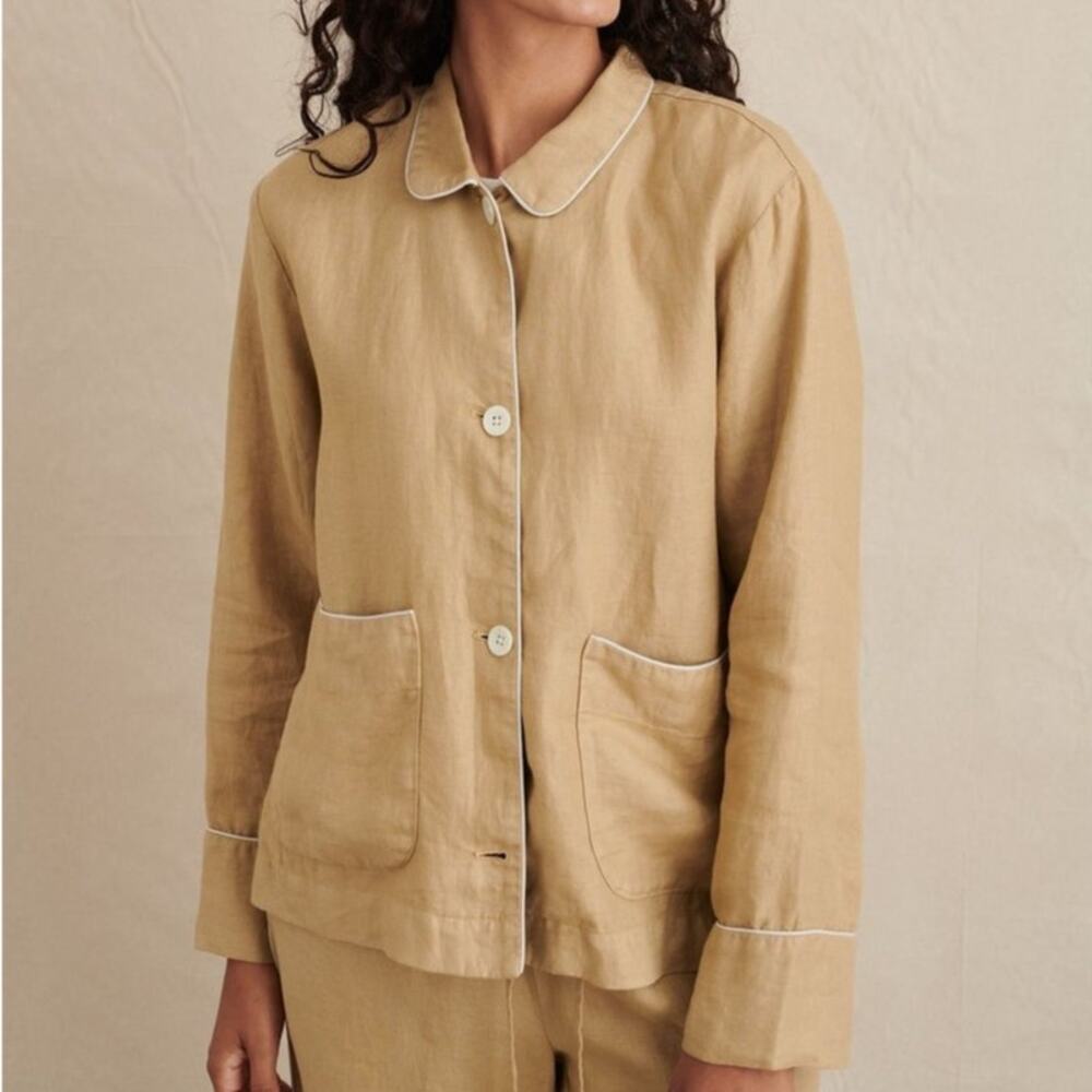 Alex Mill Polly Tan Linen Relaxed Fit Button Up White Piping Trim Shirt Jacket